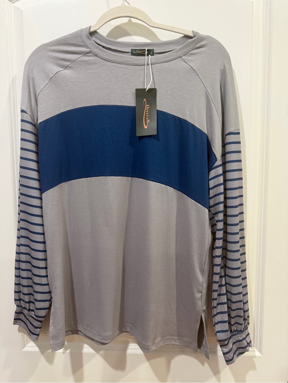 Women's Gray Long-Sleeve Tee with Blue Chest Band -